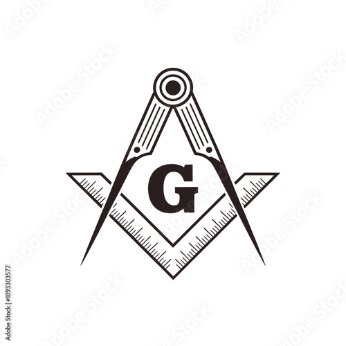 A black and white depiction of a masonic square and compass emblem