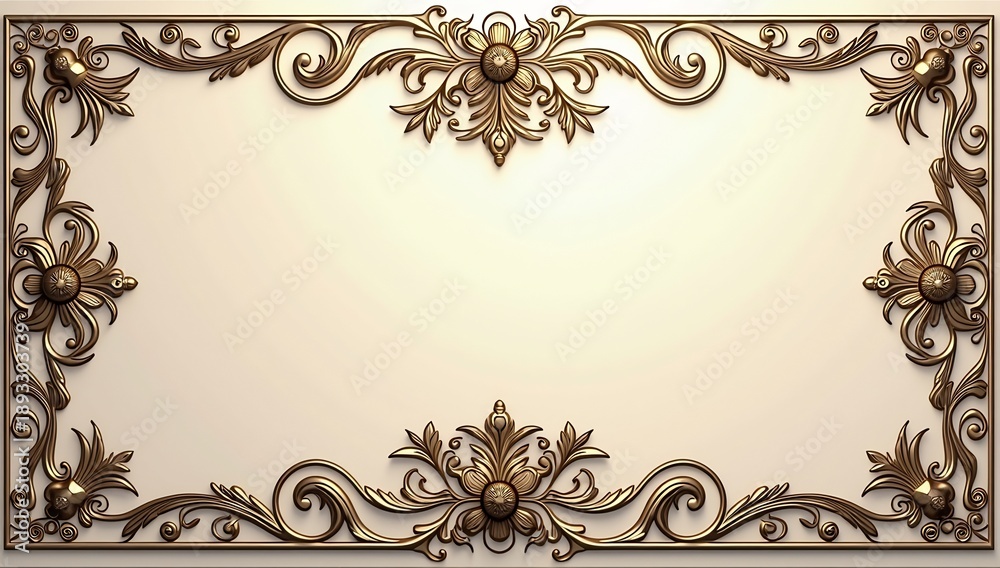 Fototapeta premium Ornate Decorative Frame with Floral and Scrollwork Design on Beige Background.