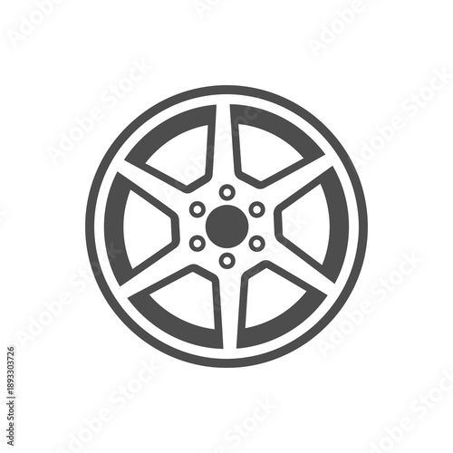 Simple black and white illustration of a car wheel with five spokes.