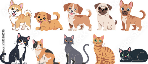 Cute cartoon dogs and cats collection, adorable pet characters set vector illustration isolated on white background playful animal design art