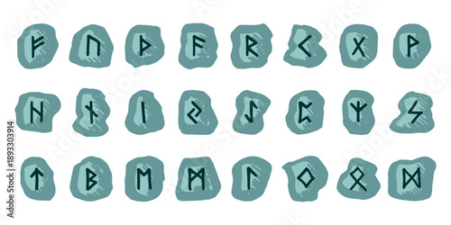 Set of hand drawn viking runes Rune stones with ancient norse alphabet characters engraved on them Scandinavian futhark germanic celtic Single element for design, print, web, decor