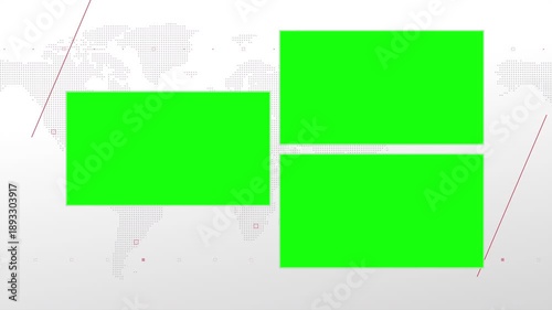 Three box split screen for news, interviews, live broadcast, tv shows, live streaming. Green chroma key cut, 4K loopable world map background with red elements, simplicity and minimalism design.