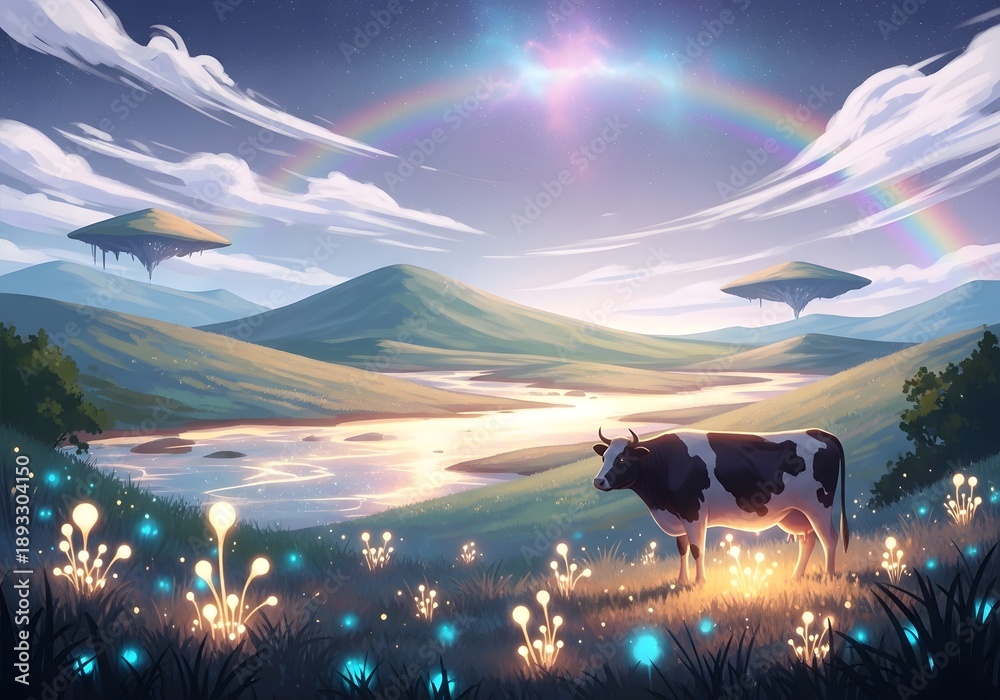 Obraz premium Peaceful cow standing in an ethereal fantasy valley with glowing flora, a winding river, floating islands, and a vibrant rainbow under a starry sky.