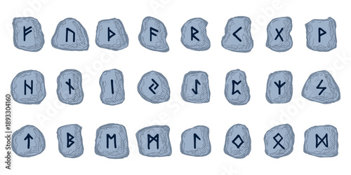 Set of hand drawn viking runes Rune stones with ancient norse alphabet characters engraved on them Scandinavian futhark germanic celtic Single element for design, print, web, decor