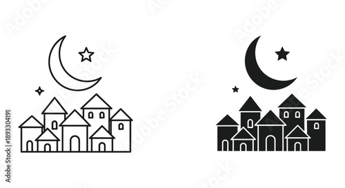 Night Village with Crescent Moon and Stars