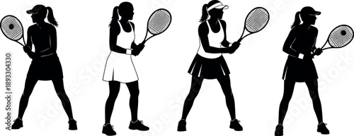 Female tennis player silhouette vector set collection of young women athletes holding rackets in ready position for sports championship design