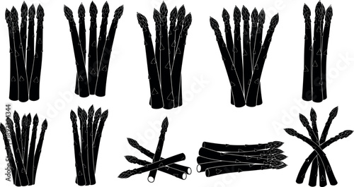 Set of Black Silhouette Asparagus Bundles and Individual Stalks Isolated on White Background for Food Menu and Organic Vegetable Design