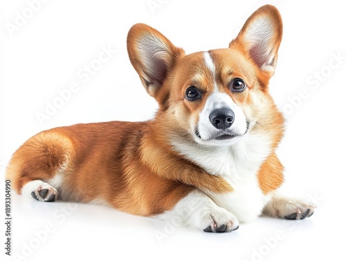 High Quality Photorealistic Image of a Corgi Dog Lying Down with a Playful Expression on a White Background