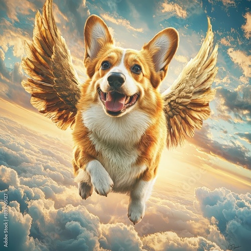 Cheerful Corgi with Wings Soaring Through a Dreamy Sky Among Fluffy Clouds