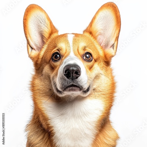 High-Quality Photorealistic Image of Isolated Corgi Dog Looking Up Against White Background