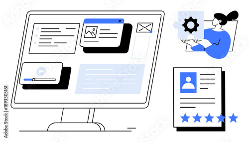 Monitor displaying dashboard with media, email, and profile tabs, woman configuring settings, and user profile review with rating. Ideal for digital workspaces, team management, and productivity