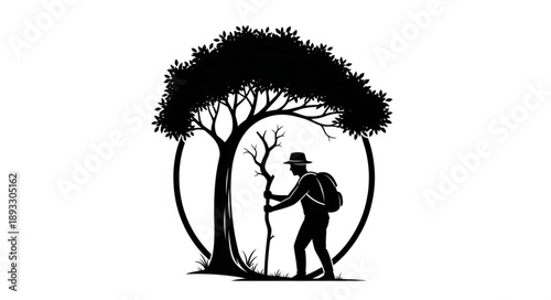 Silhouette of a hiker with a backpack and walking stick under a large tree.