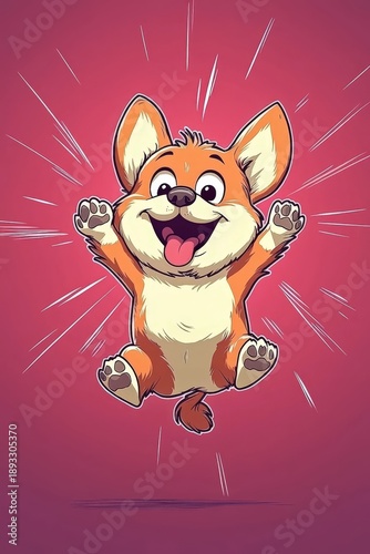 Playful Caricature of an Excited Corgi Jumping Upward with an Infectious Smile on a Vibrant Pink Background