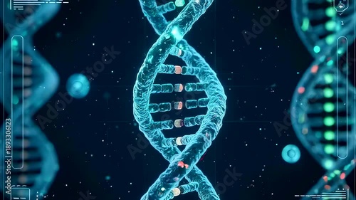 Detailed blue dna helix rotates with glowing base pairs and floating molecular markers, clinical biotech visualization of genome sequence and molecular structure for research and education.