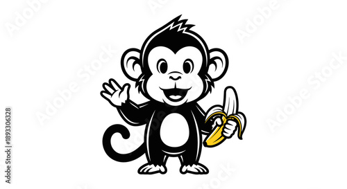Cute cartoon monkey holding a banana and waving 1.