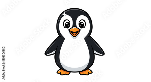 Cute Cartoon Penguin Standing Proudly Isolated White Background.