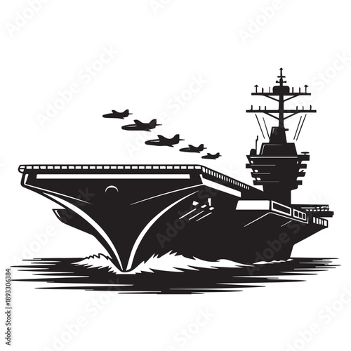 Aircraft Carrier Silhouette Vector with Fighter Jet, Military Navy Illustration