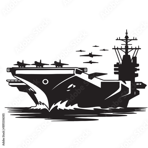 Bild auf Leinwand Aircraft Carrier Silhouette Vector with Fighter Jet, Military Navy Illustration