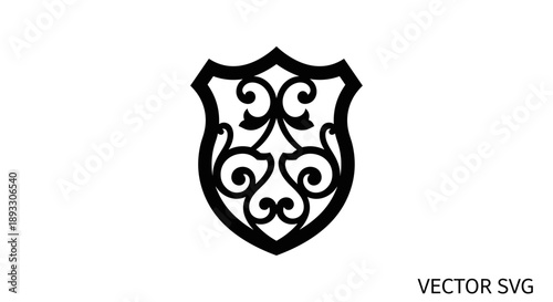 Ornate Shield Emblem with Intricate Scrollwork Design.