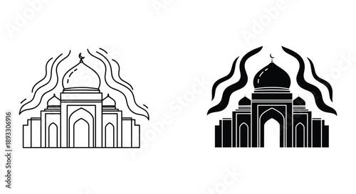 Islamic Mosque Silhouettes in Black and White