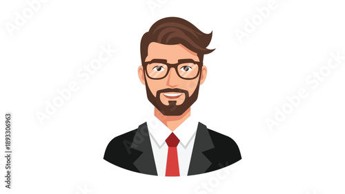 Confident male professional avatar wearing eyeglasses and a sharp suit with red tie