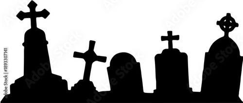 Opsi 1: Black silhouette of spooky graveyard tombstones isolated on white.