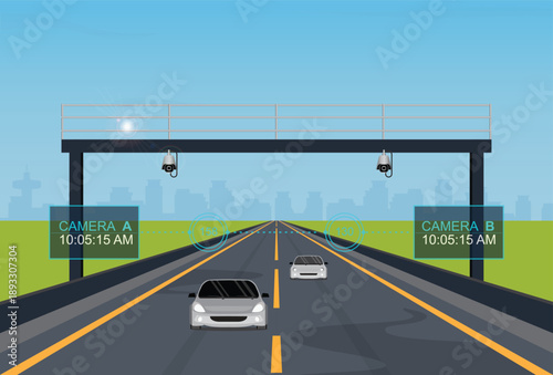 Speed camera monitoring vehicles on the highway in flat design style.