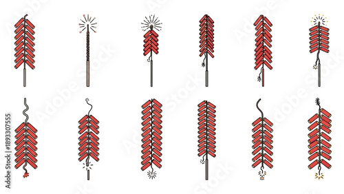 Collection of Chinese firecrackers and sparklers illustrations for festive celebrations