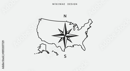 Clean line art illustration of the United States map featuring a central navigation compass, symbolizing journey and exploration concepts for various destinations
