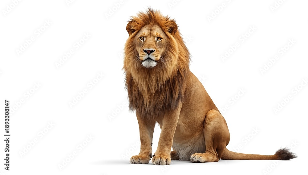 Obraz premium A majestic lion sitting on a plain white background, showcasing its regal mane and powerful physique.