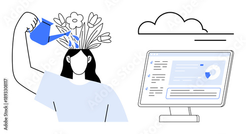Self-improvement, mental health, creativity, innovation, technology, online information. Woman watering head with flowers, cloud and computer screen. Personal growth and creativity concept