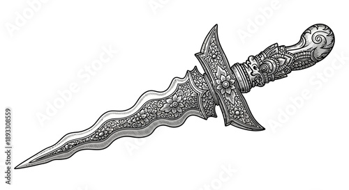 Ornate dagger with intricate patterns medieval weapon black and white.