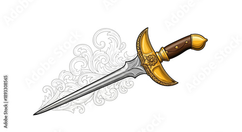 Golden dagger with ornamented hilt and silver blade.