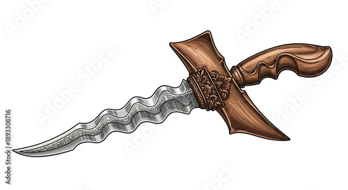 kris dagger with wavy blade and wooden handle.