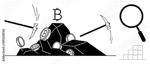 Cryptocurrency mining. Cryptocurrency mining with pickaxes breaking rocks to reveal Bitcoin coins. Cryptocurrency process, technology, and financial network. For fintech, blockchain, economy, data