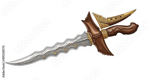 Kris dagger with ornate scabbard and gold accents.