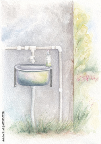 Steel sink with pipes on a gray wall outside in a summer old house, vintage thing landscape, watercolor painting