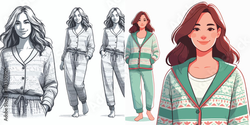  VECTOR WOMAN WEARING PAJAMAS ON WHITE BACKGROUND