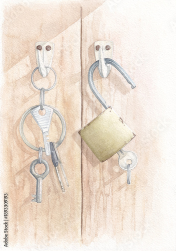 Vintage old lock and keys on wooden background hanging on a hook on a coat rack in the hallway of an old house