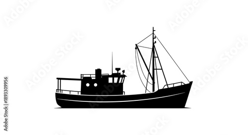 Silhouette of a Fishing Trawler Boat on a White Background.