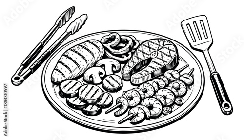 Hand drawn line art barbecue food set featuring grilled meat, seafood, vegetables, and cooking tools for a summer menu