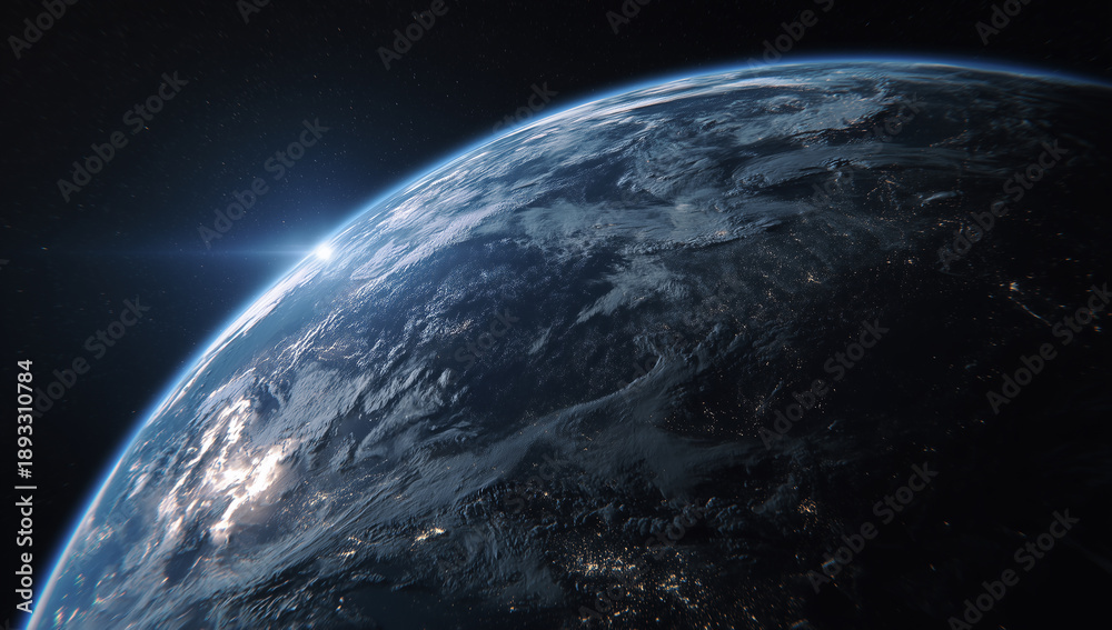 Fototapeta premium 宇宙空間に浮かぶ青い地球｜壮大な惑星イメージ