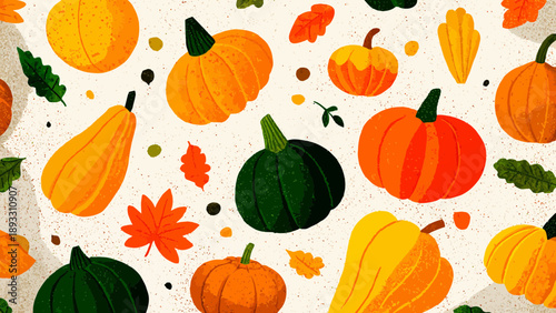 Vibrant autumnal pumpkins and leaves pattern.