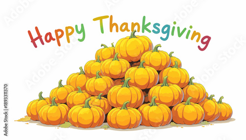 A large pile of orange pumpkins with Happy Thanksgiving text.