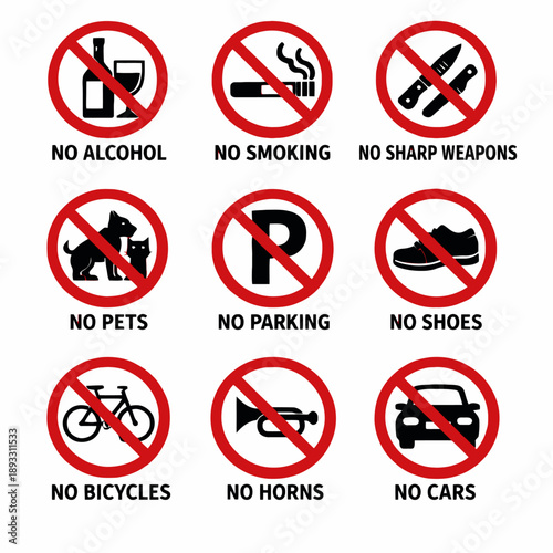 Rambu Peringatan Aktivitas Terlarang yang Ditandai dengan Lingkaran Merah Menunjukkan Dilarang Merokok, sepatu,senjata tajam, Bersepeda, Anjing,parkir,klakson, mobil