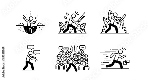 Set of six simple line drawings depicting human figures in various actions and situations.