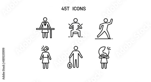 Set of six simple line art icons representing people in various activities.