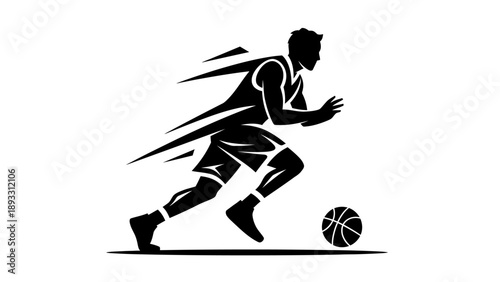 Silhouette of a basketball player dribbling the ball.