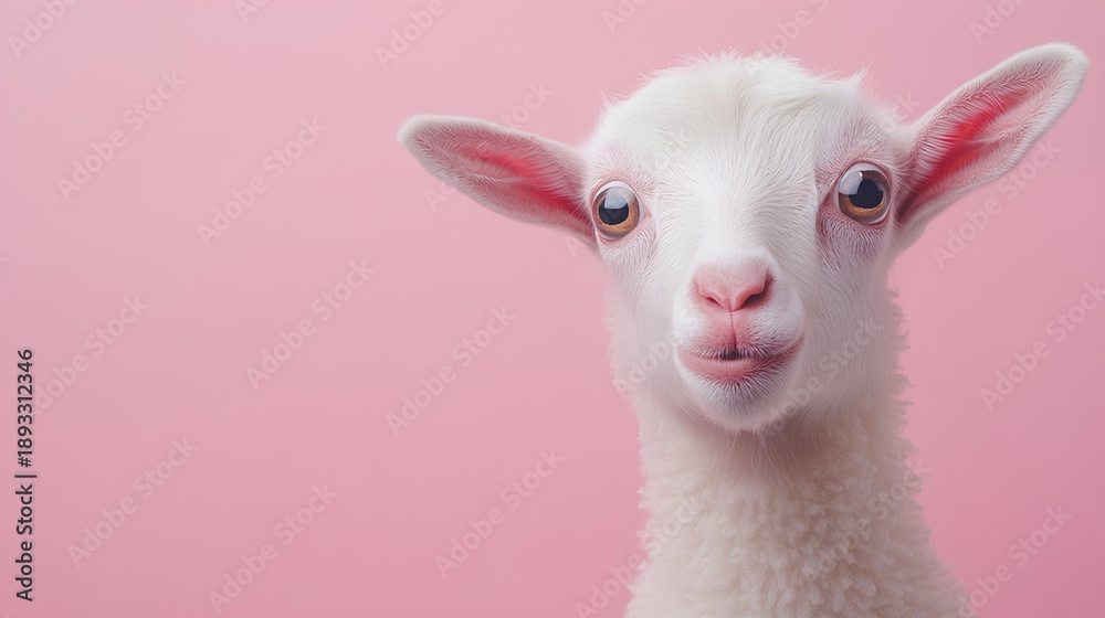Obraz premium Cute white alpaca on a pink background with copy space