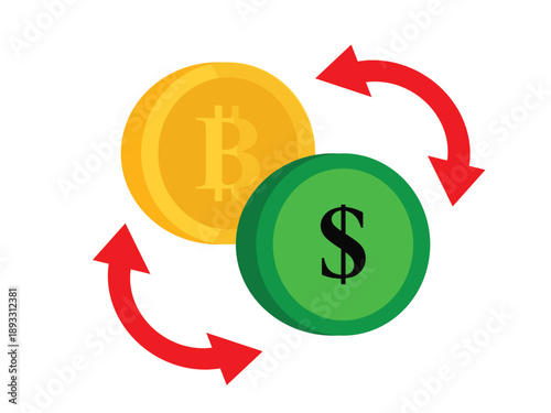 Vector illustration of a financial concept icon converting bitcoin to US dollars in a flat design style. Cryptocurrency, currency exchange with arrow lines. Digital, virtual, investment.